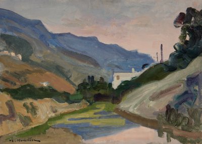 Sunset in Andros — Oil painting, Fiberboard, 33.00×46.00cm — Theodoros Markellos